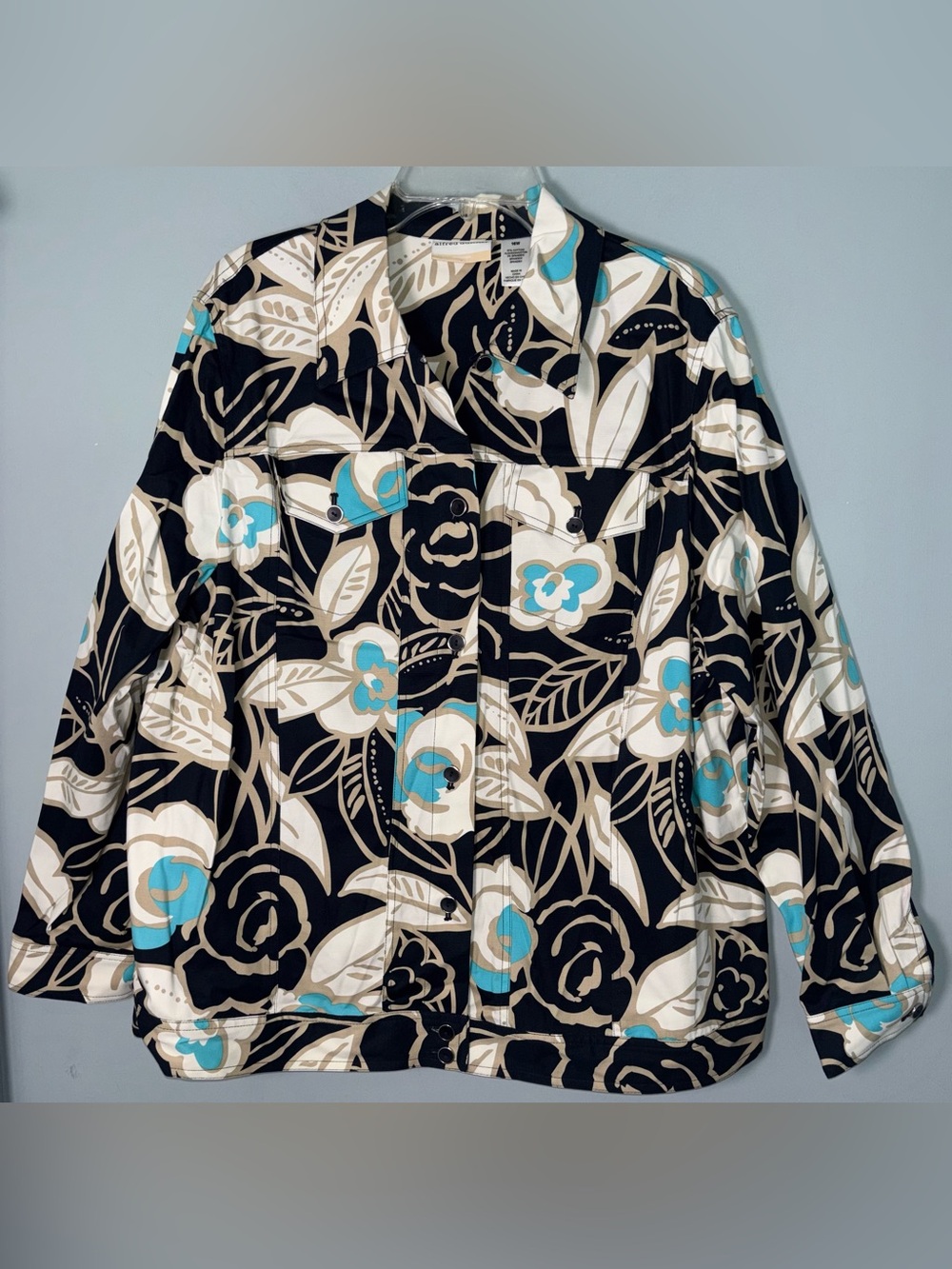 Alfred Dunner Women’s 16W Floral Print Women’s Jacket Black & Teal Button Front